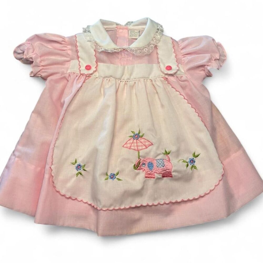 Vintage 1970s Cradle Togs Pink Elephant Dress 3M Baby Embroidered
